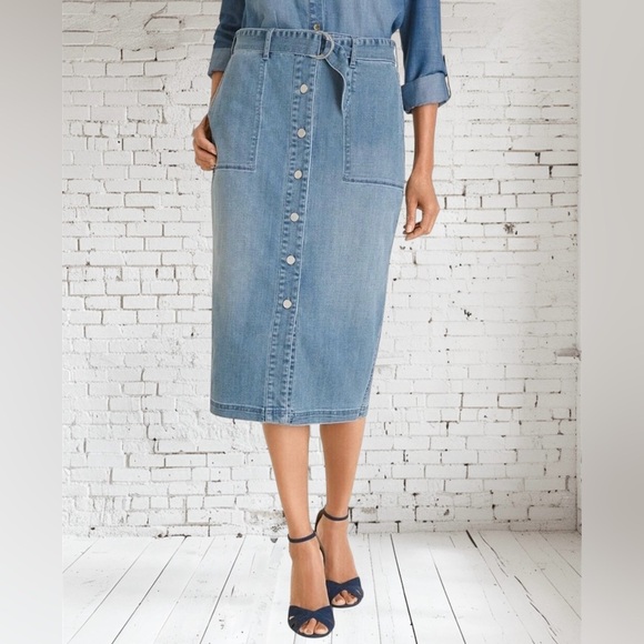 NEW Chicos Button-Front Belted Denim Midi Skirt Medium Indigo Wash Women 2.5/14 - Picture 2 of 8